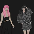 Two Women With Pink Black Hair Wearing Black Crop Top Pants And Plaid Skirt Outfits
