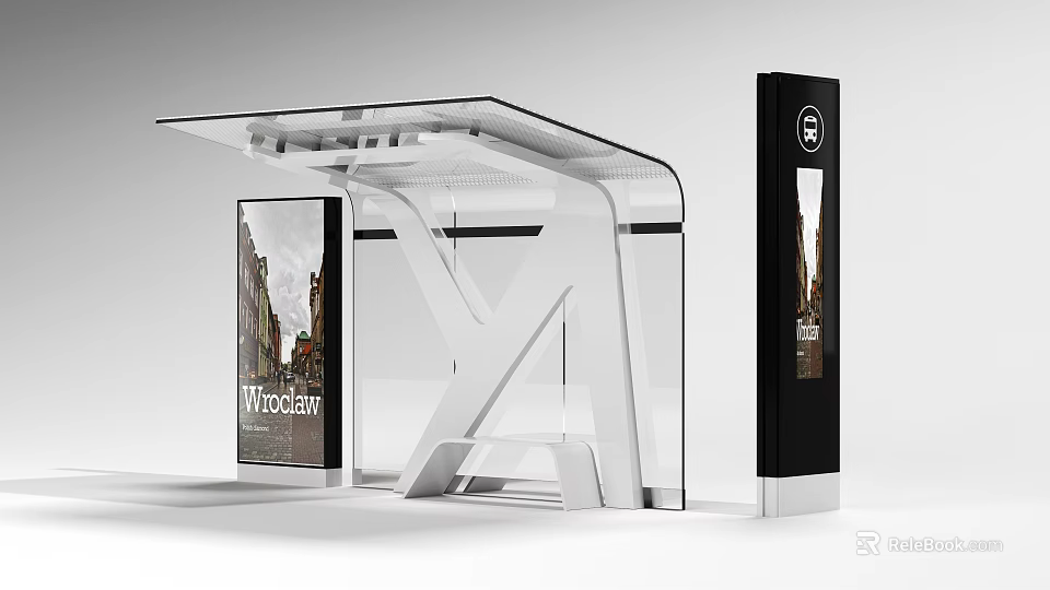 Modern Bus Stop Billboard With Glass Structure And Wroclaw City View 3d model 