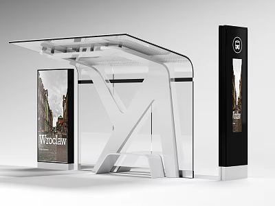 Modern Bus Stop Billboard With Glass Structure And Wroclaw City View 3d model