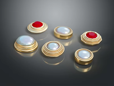 Elegant Jewelry Pieces With Golden Frames Red Gemstones And White Pearls 3d model
