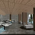 Modern Hotel Public Lounge With Wooden Ceiling Comfortable Seating Water Features And Natural Light