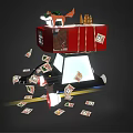 Red Box Shaped Machine With Small Dogs And Scattered Money Notes On Dark Background 3d model
