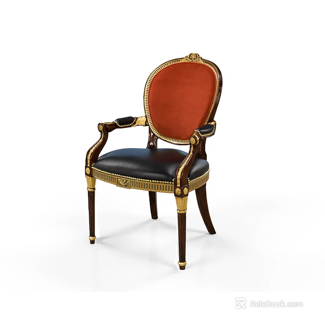 Ornate Leisure Chair With Red Upholstered Back Black Seat Gold Accents And Wooden Legs 3d model 