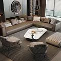 Modern Brown L shaped Sofa Coffee Table Set with Accent Pillows Chairs and Ottoman
