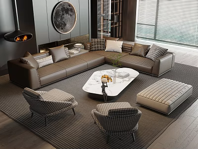 Modern Brown L shaped Sofa Coffee Table Set with Accent Pillows Chairs and Ottoman 3d model