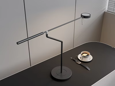 Modern Black Table Lamp with Adjustable Arm on Dark Desk with Coffee Cup 3d model