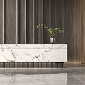 Modern Reception Area Design With Marble Desk Wooden Panel Wall Pendant Lights And Green Plant
