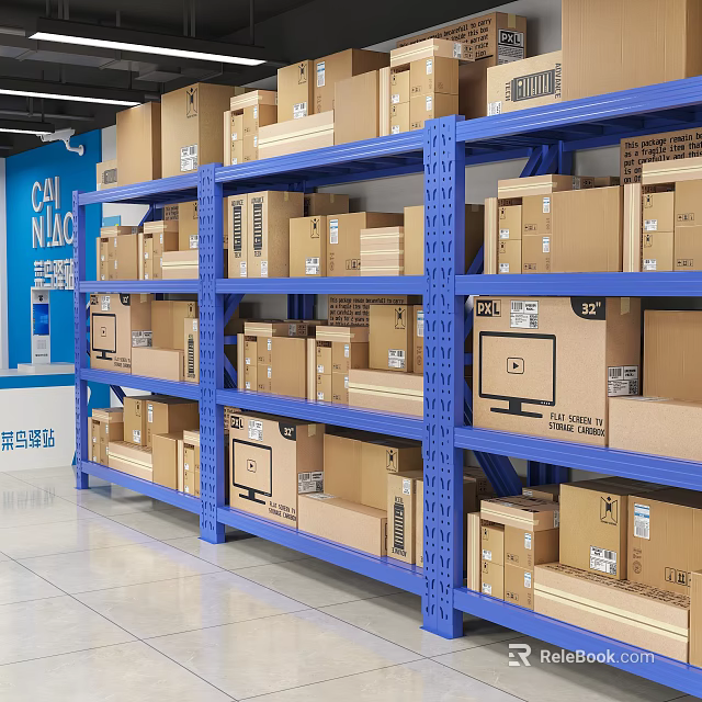 Organized Warehouse Storage With Blue Metal Shelves Stacked Cardboard Boxes And Packages 3d model 