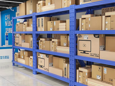Organized Warehouse Storage With Blue Metal Shelves Stacked Cardboard Boxes And Packages 3d model