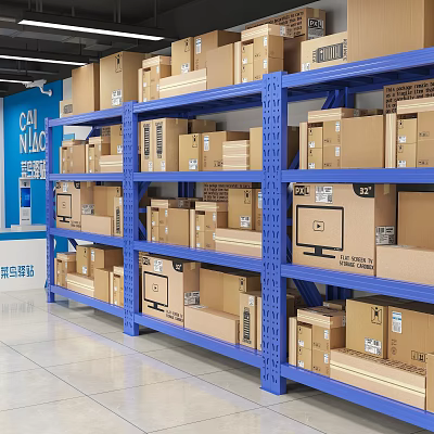 Organized Warehouse Storage With Blue Metal Shelves Stacked Cardboard Boxes And Packages 3d model