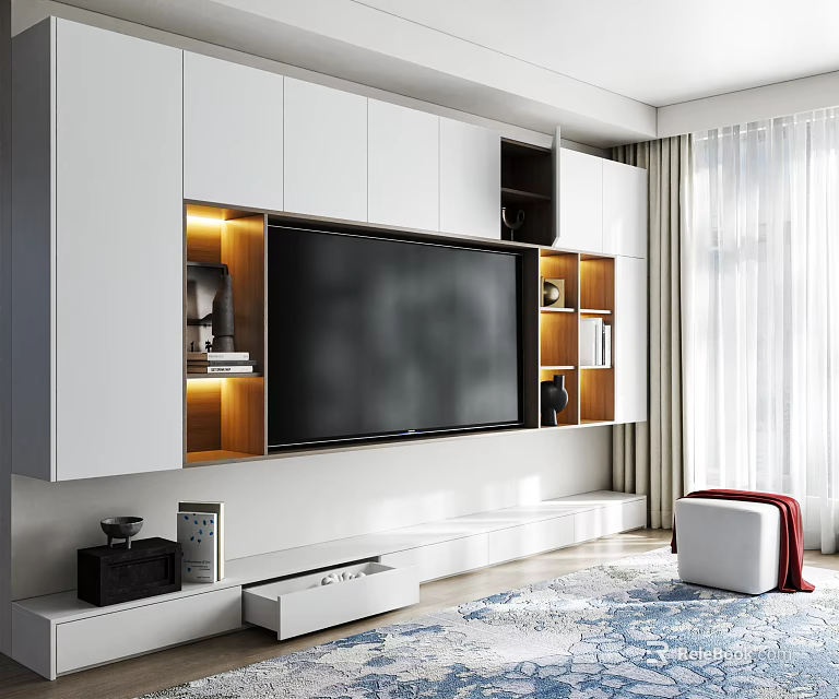 Modern TV Wall Unit Interior Design with White Cabinets Open Shelves and LED Lighting 3d model 