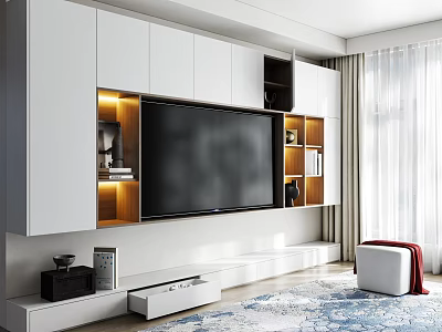 Modern TV Wall Unit Interior Design with White Cabinets Open Shelves and LED Lighting 3d model