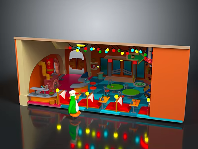 Cartoon Themed Kids Indoor Play Area With Colorful Lights Green Character And Tables 3d model