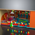 Cartoon Themed Kids Indoor Play Area With Colorful Lights Green Character And Tables