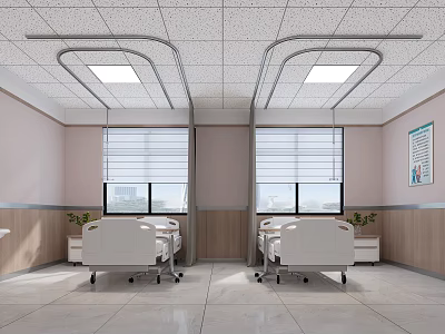 Modern Hospital Outpatient Ward With Mobile Beds Ceiling Lighting Blinds City View And Potted Plants 3d model