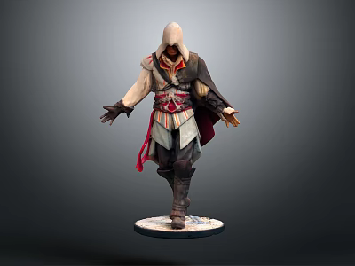 Hooded Fantasy Character 3D Model In Robe With Red Accents Standing Pose On Base 3d model