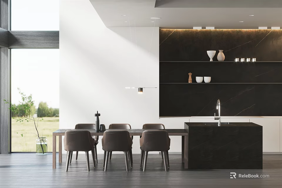 Modern Restaurant Interior With Open Design Dining Table Chairs And Decorative Shelves 3d model 