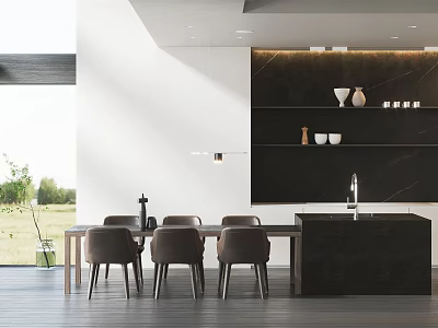 Modern Restaurant Interior With Open Design Dining Table Chairs And Decorative Shelves 3d model