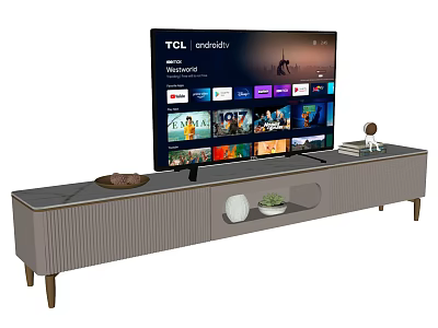 Modern Gray TV Stand with Storage Compartments Smart TV and Decorative Items 3d model