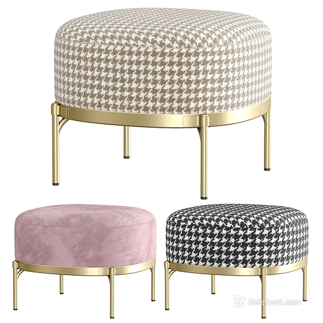 Various Ottoman Stools With Houndstooth Pattern Pink Velvet Upholstery And Gold Metal Legs 3d model 