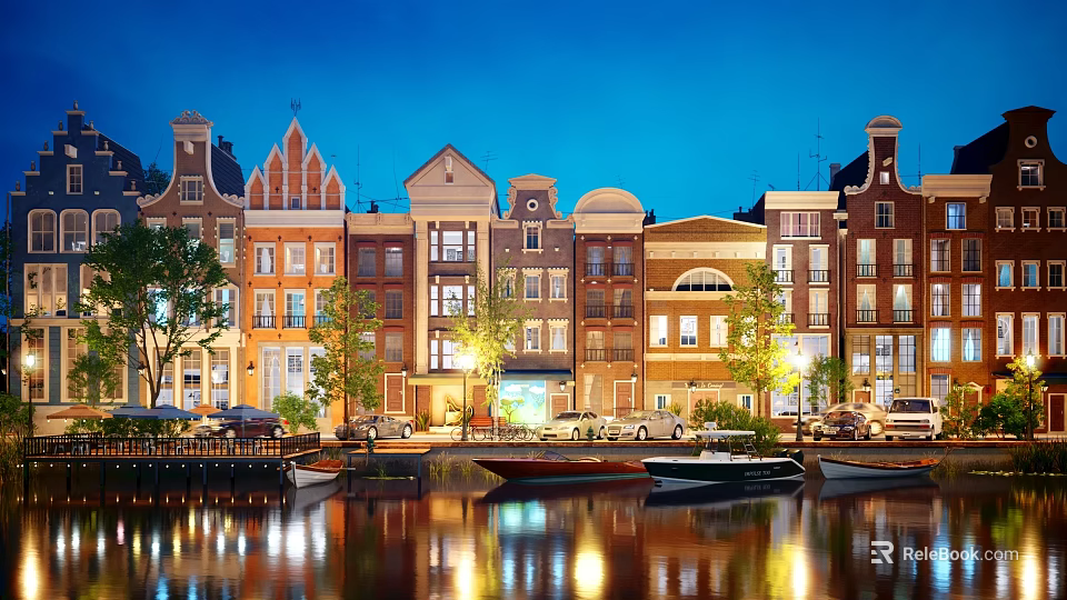 Residential Buildings Night View By River With Moored Boats Trees And Reflections 3d model 