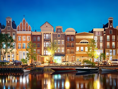 Residential Buildings Night View By River With Moored Boats Trees And Reflections 3d model