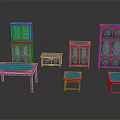 Traditional Furniture Set with Red Frames Blue Surfaces and Decorative Patterns Including Cabinets Tables Stools