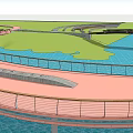 Curved Landscape Bridge Spanning Water Area Surrounded by Green Space with Walking Path