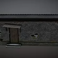 Dilapidated Small House With Damaged Walls Slanted Roof Iron Bar Window And Scattered Rubble