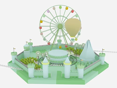 Colorful Art Installation With Ferris Wheel Hot Air Balloon Castle Towers And Trees 3d model