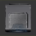 Sleek Silver Compact Desktop PC With Circular Transparent Panel And Control Interface