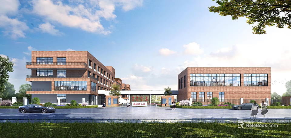 Red Brick School Building with Modern Glass Windows Spacious Front Square Green Plants Entrance Sign 3d model 