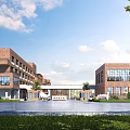Red Brick School Building with Modern Glass Windows Spacious Front Square Green Plants Entrance Sign