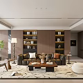 Modern Living Dining Room With Brown Bookshelves Sofa Coffee Table And Area Rug