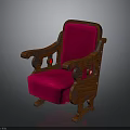 Elegant Vintage Wooden Armchair With Red Upholstered Seat And Carved Arms