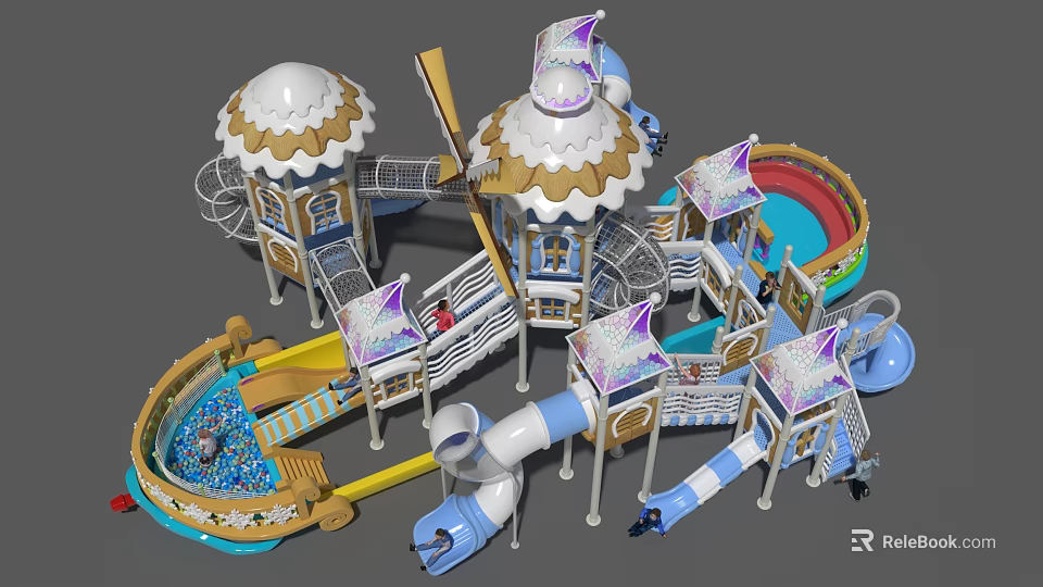 Colorful Playground Equipment With Multiple Towers Blue Slides Climbing Structures Connecting Bridges And White Domes 3d model 