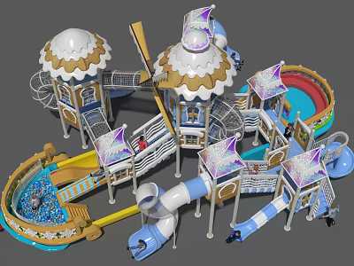 Colorful Playground Equipment With Multiple Towers Blue Slides Climbing Structures Connecting Bridges And White Domes 3d model
