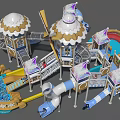 Colorful Playground Equipment With Multiple Towers Blue Slides Climbing Structures Connecting Bridges And White Domes