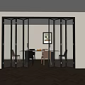Black Frame Glass Folding Doors Open To Modern Dining Room With Table And Chairs