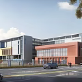 Modern School Building With Teaching Facilities Playground Basketball Court And Green Trees