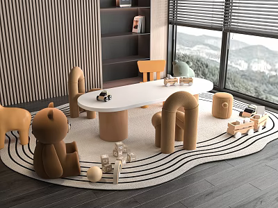 Kids Table with Stuffed Animal Toys Building Blocks and Curved Rug in Playroom 3d model