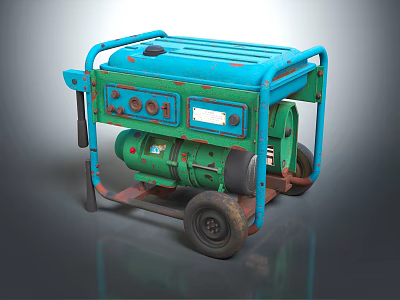 Blue And Green Portable Generator With Metal Frame Wheels And Control Panel 3d model
