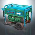Blue And Green Portable Generator With Metal Frame Wheels And Control Panel
