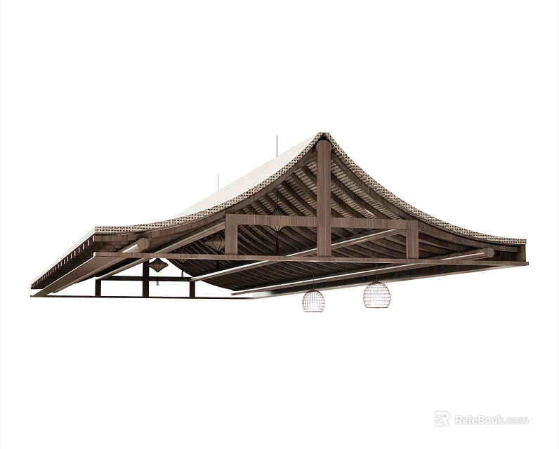 Wooden Truss Roof Structure With Sloped Design And Support Beams 3d model 