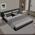 Modern Minimalist Bedroom Double Bed with Gray Headboard White Bedding Nightstand Lamp and Rug