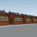 Traditional Chinese Style Street Market With Wooden Shops Red Lanterns Pedestrians And Green Trees