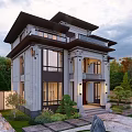 Modern Elegant Detached Villa Exterior With Large Windows Dark Door Stone Steps And Landscaped Gardens