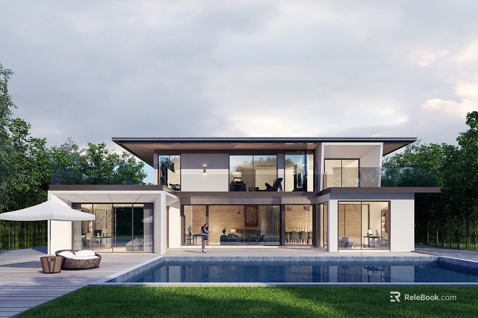 Modern Detached Villa with Swimming Pool Outdoor Lounge Large Windows and Greenery 3d model 