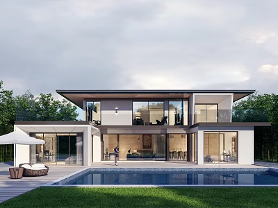 Modern Detached Villa with Swimming Pool Outdoor Lounge Large Windows and Greenery 3d model