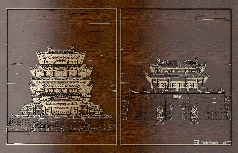 Detailed Wooden Carvings of Traditional Architecture Tower and Gate Design Elements 3d model 